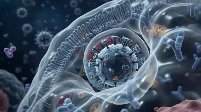 Medical visualization showing virus internalization into host cell through endocytosis and interaction with cellular receptors. Concept of virology, infection mechanism and pathogen replication.