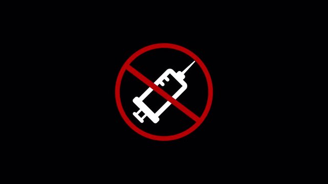 No Injection sign with syringe animation on black background,Prohibited syringe symbol showing a medical injection ,no vaccine warring , or restriction warning in healthcare and safety contexts. 