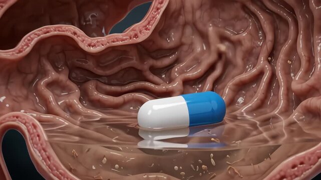 Medical visualization showing capsule dissolution in the stomach and transport of active ingredients through blood vessels for systemic distribution. Concept of pharmacokinetics, medicine delivery and