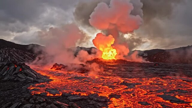 Volcanic eruption with flowing lava and smoke at night.
