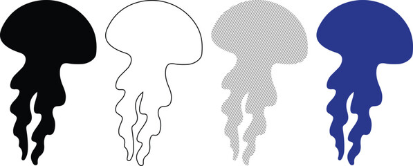 Four jellyfish styles including fill outline and lined icon set on a white background © Rabeya