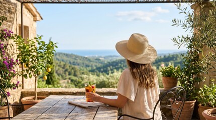 Obraz premium Woman enjoying refreshing drink on rustic terrace overlooking scenic Mediterranean landscape, peaceful vacation moment with lemon trees and olive groves under sunny sky