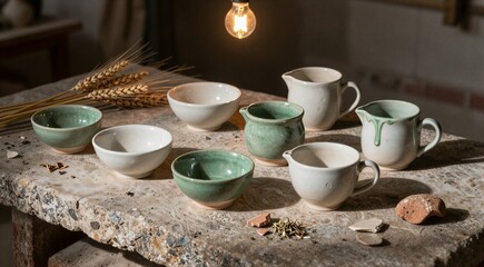 Fototapeta premium Ceramic bowls and pitchers arranged on rustic stone workbench