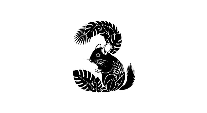 Black and white squirrel illustration with tropical leaves.
