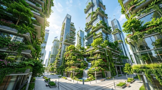 Futuristic eco-friendly city with vertical gardens, green architecture skyscrapers, sustainable urban planning, modern metropolis with nature integration, renewable energy concept
