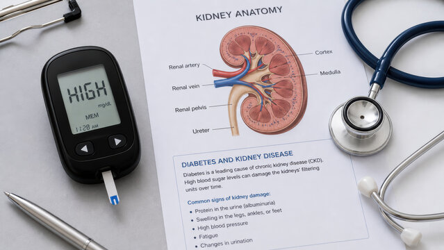 A glucometer beside a printed kidney anatomy diagram and a stethoscope on a clinical desk. Diabetes and kidney disease complication concept.
