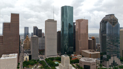 Obraz premium Aerial view of glass office towers in downtown Houston Texas