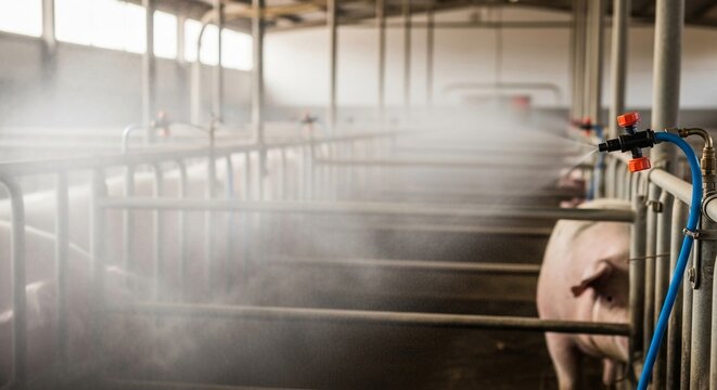 Fine mist of disinfectant sprayed within a large, empty agricultural or industrial building, highlighting sanitation and hygiene practices.