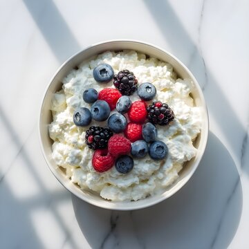 Taz&oacute;n de queso cottage con ar&aacute;ndanos, frambuesas y moras para un desayuno saludable