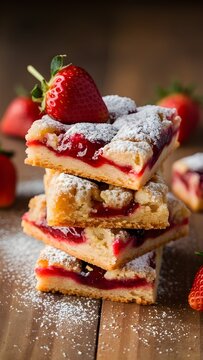 Torre de barras de pastel de fresa espolvoreadas con az&uacute;car glas y una fresa fresca arriba, postre horneado casero sobre mesa de madera