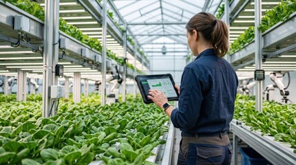Obraz premium Woman agronomist monitoring hydroponic vertical farm crops with digital tablet, smart agriculture technology and indoor food production innovation concept