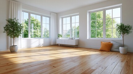 Fototapeta premium Empty modern room with hardwood floors large bright windows and potted indoor plants