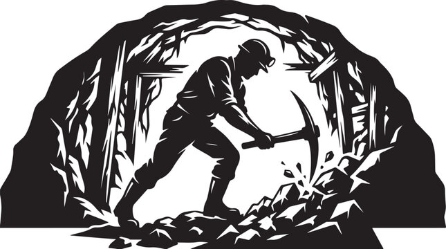 Black and white miner silhouette, digging man with pickaxe, mining vector icon, industrial worker
