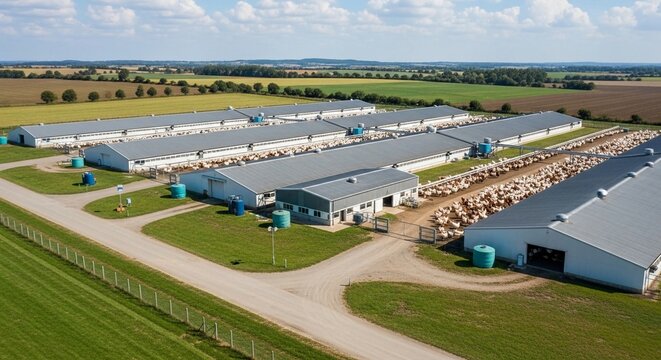 Modern Livestock Farming Facility with Rows of Buildings and Numerous Animals in a Rural Agricultural Landscape
