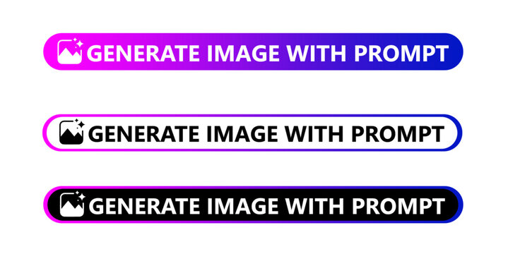 Colorful vector illustrations of "generate image with prompt" buttons in purple, white, and black for creative design and technology