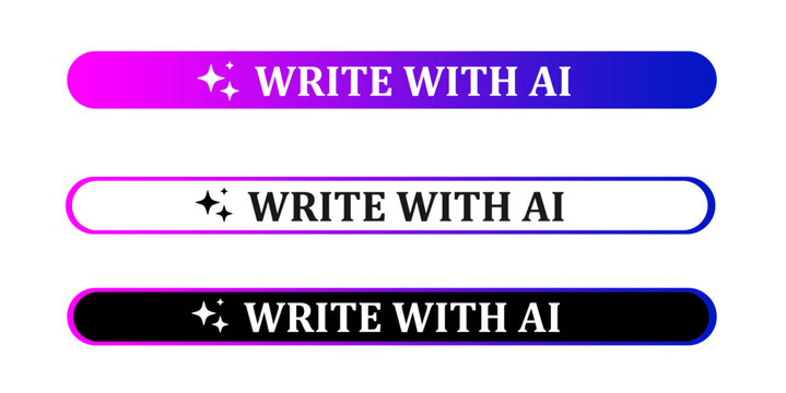 Colorful vector illustrations of write with ai buttons in purple, white, and black for creative design and technology