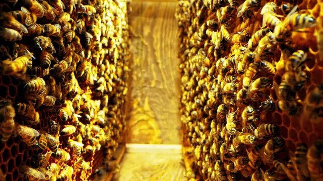 Busy bees working in hive with honeycomb, close up footage with natural motion