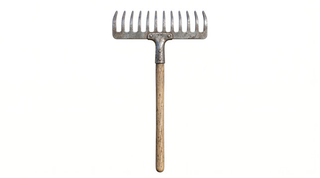 Garden rake with wooden handle and metal head for farming agriculture equipment tool isolated on white background.