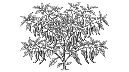 Vintage chili pepper plant engraving, botanical sketch of a hot pepper bush with leaves and pods, hand-drawn spicy capsicum garden illustration isolated PNG with Transparent Background © MRamzan