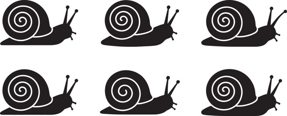 Snail shell silhouette collection, monochrome vector illustration showcasing different snail shapes with spiral shells, crawling poses, and organic forms suitable for animal icons, ecology projects,  © Dalim