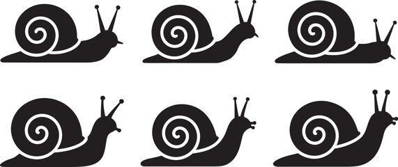 Black snail silhouette icon set, vector collection featuring six snails with detailed swirling spiral shells, slow movement poses, and clean black silhouettes isolated on a white background  © Dalim