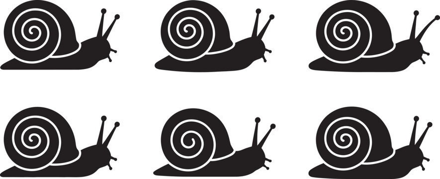 Snail shell silhouette collection, monochrome vector illustration showcasing different snail shapes with spiral shells, crawling poses, and organic forms suitable for animal icons, ecology projects, 