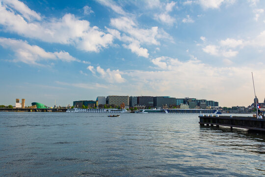 Amsterdam, Netherlands. June 22, 2014, Amsterdam IJ river cityscape with NEMO Museum