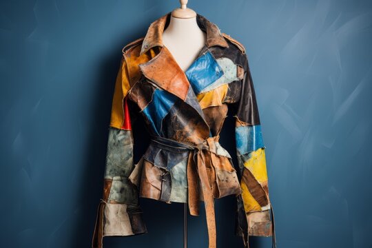Patchwork leather jacket displayed on a mannequin, representing recycled and upcycled clothing concepts