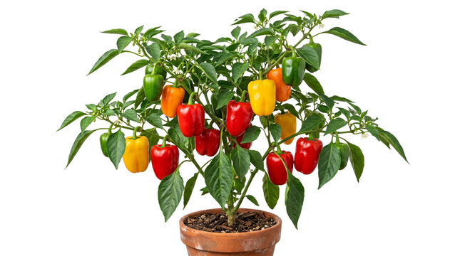 Potted bell pepper plant with colorful ripe vegetables, organic home gardening concept, vibrant red yellow and orange peppers on green bush isolated PNG with Transparent Background