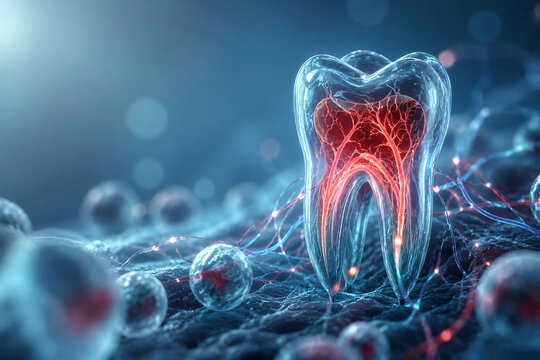 AI generated transparent tooth illuminated nerve vascular pathways highlighting dental anatomy oral health research biomedical science diagnosis