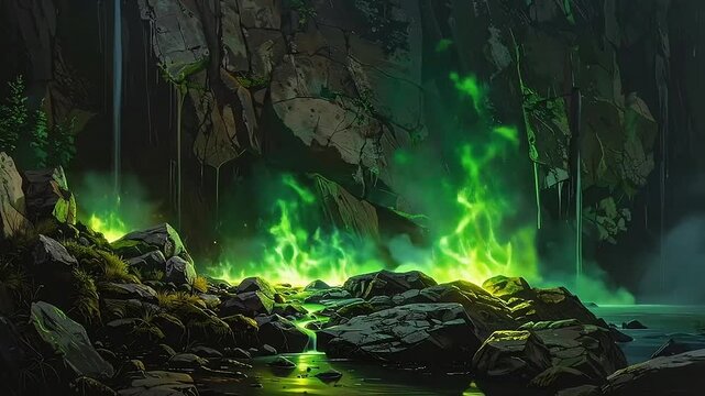 Glowing green flames rise from a dark rocky mountain stream base