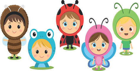 Cute cartoon children wearing insect and bug costumes featuring bee ladybug butterfly frog and caterpillar suits vector illustration set isolated on white background © Lili Begum
