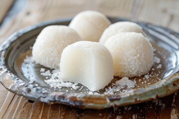 Fototapeta premium Freshly made mochi balls coated in coconut flakes, presented on a rustic plate, offering a delightful culinary experience