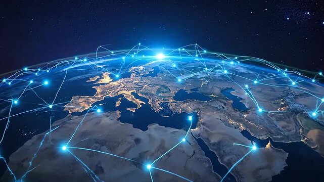 A glowing digital network connects the planet from outer space