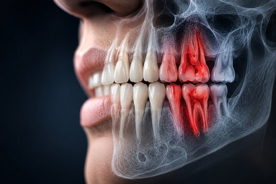 AI generated dental xray style visualization highlighting infected teeth root inflammation oral health conditions for diagnosis treatment healthcare education
