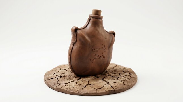 3D Clay Model of an Ancient Arabic Water Skin Flask on Cracked Earth with Islamic Calligraphy