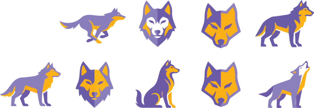 Purple Orange Wolf Logo Bundle Running Sitting Howling Face Mascot Design