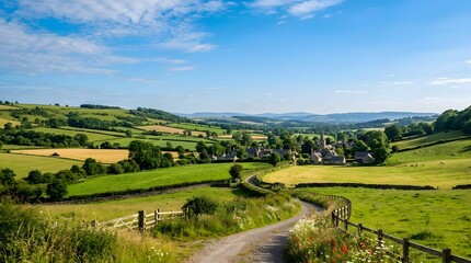 Naklejka premium Peaceful Countryside Sky – Clear blue sky above rolling hills and countryside fields