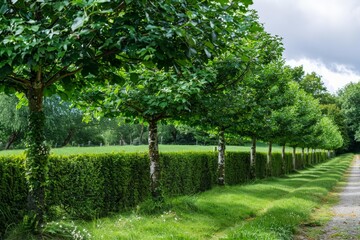 Obraz premium Picturesque gravel path bordered by manicured hedges and trees in a serene countryside setting