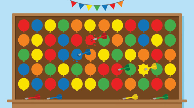 Dart game board with rows of colorful balloons.