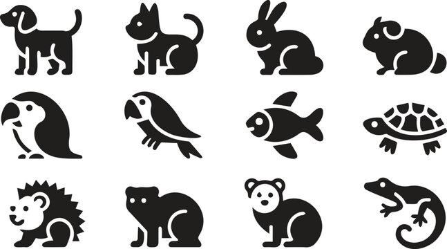 Pet Animal Glyph Icon Set Black Silhouette Vector Collection