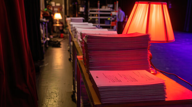 backstage. A table in the wings of a stage, stacked with bound scripts under dramatic lighting. event programs, museum guides, designed for cultural heritage projects and event programs.
