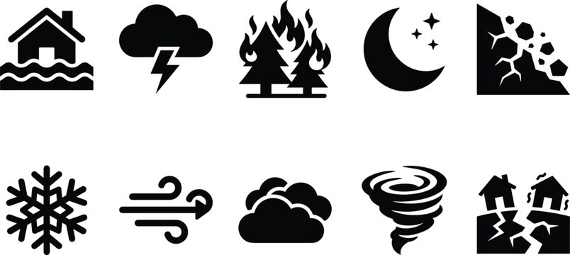 Natural disaster and weather event icon set featuring flood lightning wildfire night and landslide symbols vector.