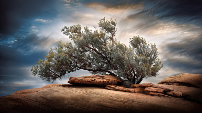 windswept. Solitary tree growing from rock crevice with windswept branches against dramatic sky. travel magazines, destination branding, designed for outdoor magazines and nature guides.
