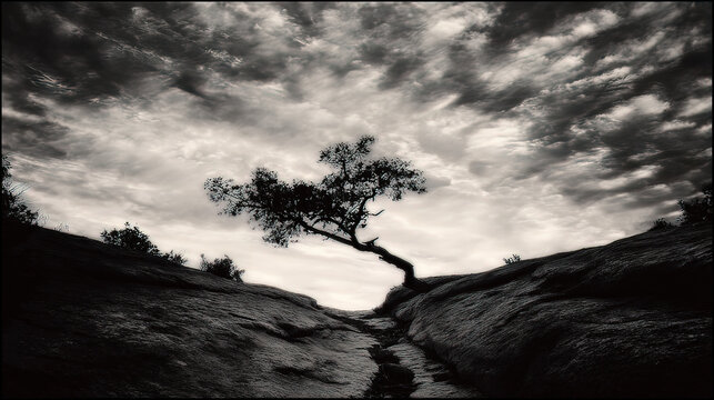 windswept. Solitary tree growing from rock crevice with windswept branches against dramatic sky. travel magazines, destination branding, designed for outdoor magazines and nature guides.
