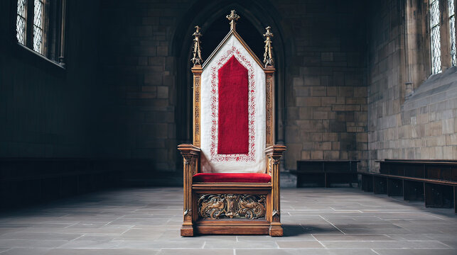 throne. Empty ornate throne in grand hall with soft side lighting and shallow depth of field. real-estate listings.
