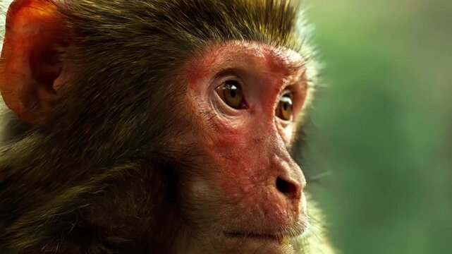 Close up portrait of a macaque monkey looking around in wild forest area