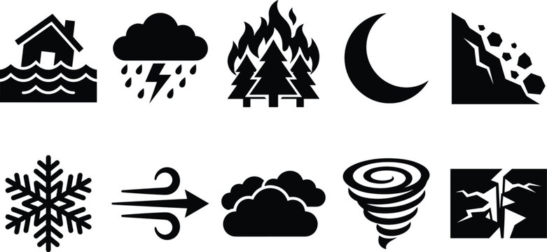 Natural disaster and weather icons including floods storms fire moon landslide snowflakes wind and tornadoes.
