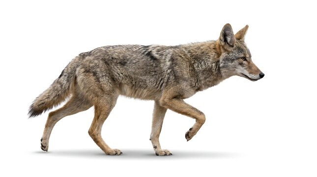 A side view of a wild coyote walking isolated on a white background.