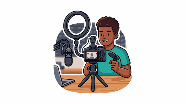 A man recording a video with a camera and microphone